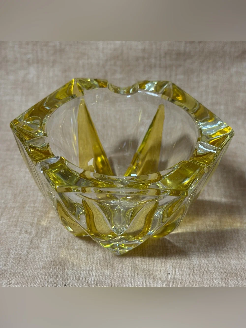 Heavy Cut Crystal Glass Ashtray Yellow Star Shape MCM Retro Vtg 60s Home Decor